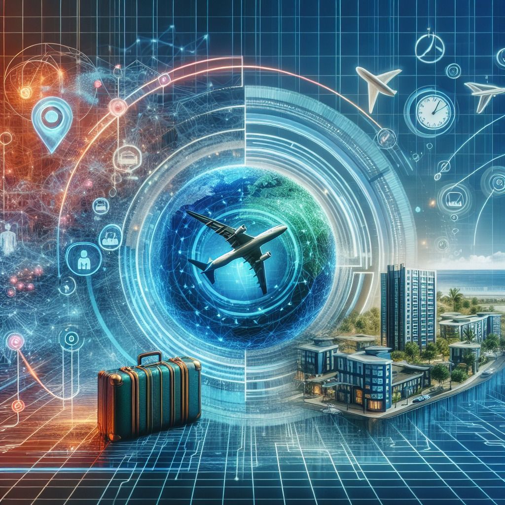 Plane au centre avec une valise, une ville et des icônes liées aux voyages autour.